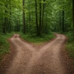 A forked dirt path in a dense green forest