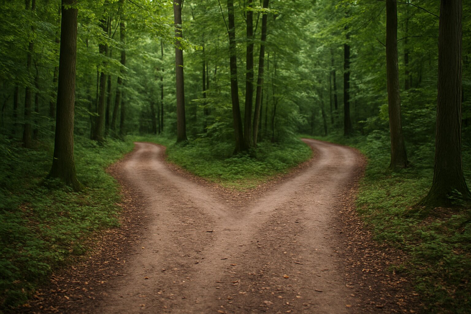 A forked dirt path in a dense green forest