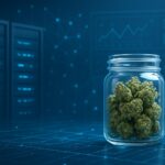 A glass jar filled with cannabis buds against a digital background with graphs and data servers.