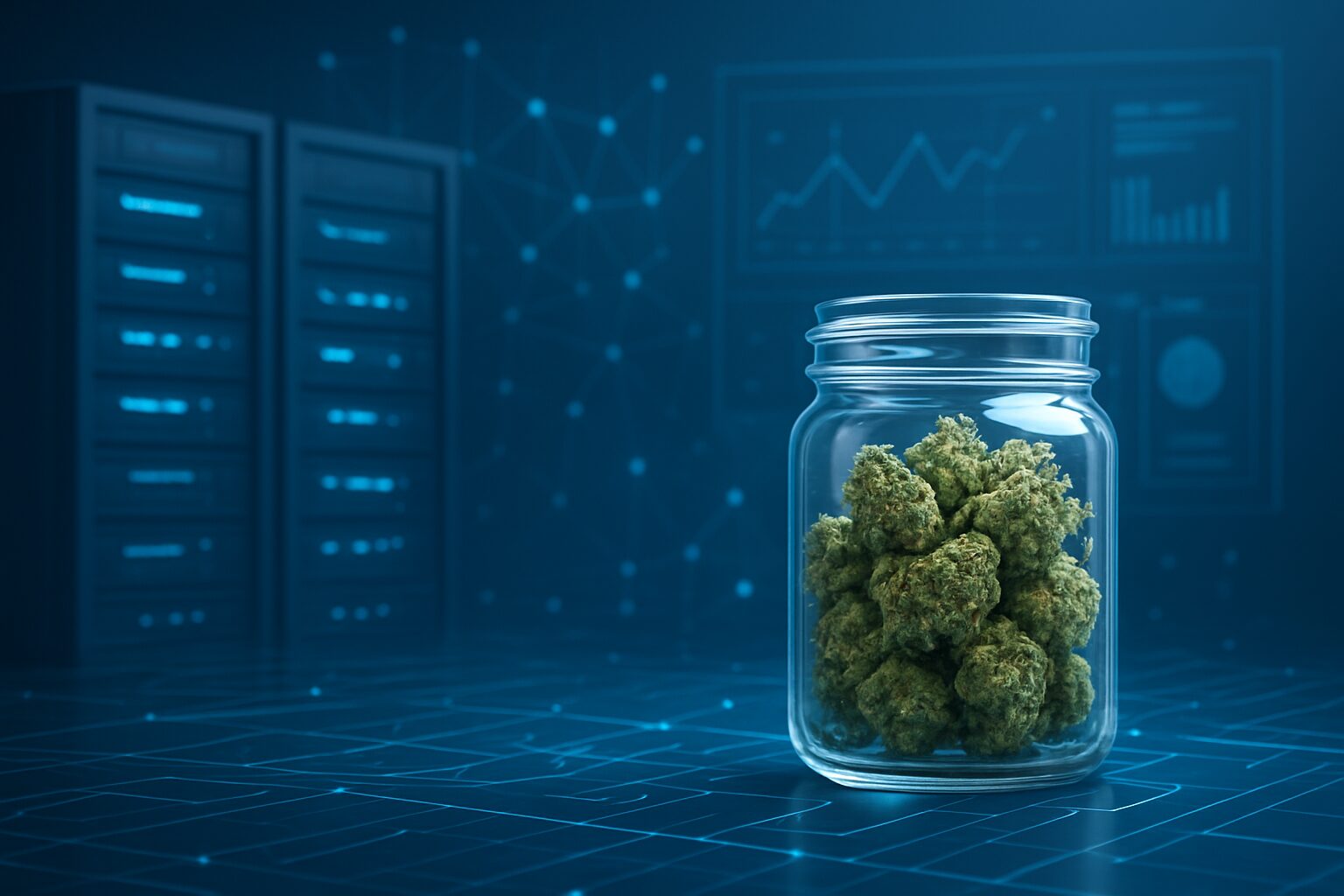 A glass jar filled with cannabis buds against a digital background with graphs and data servers.