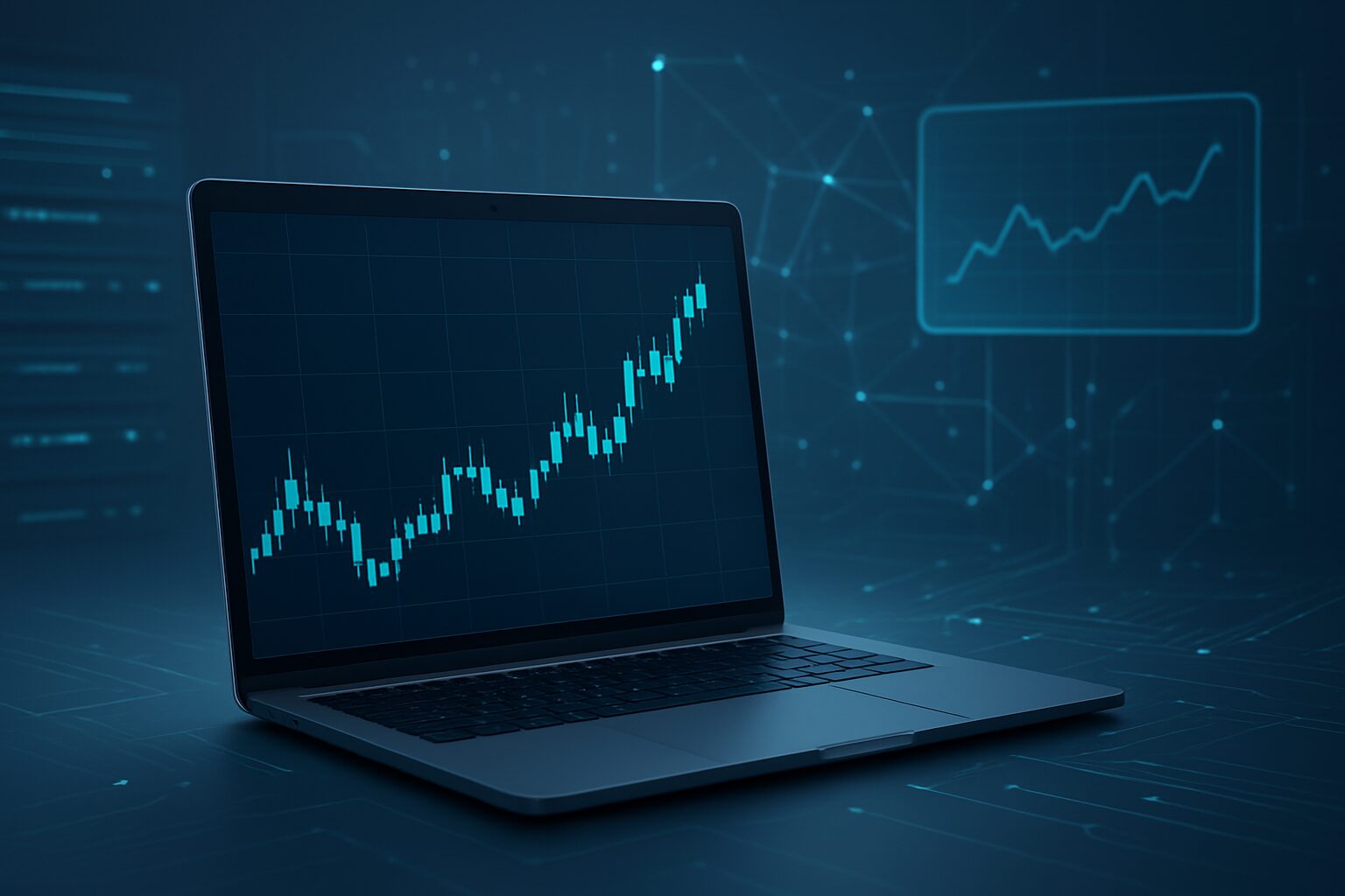 A laptop displaying a financial chart against a dark blue background with network-like patterns.