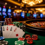 Close-up of poker cards and casino chips on a table with a roulette wheel in the background