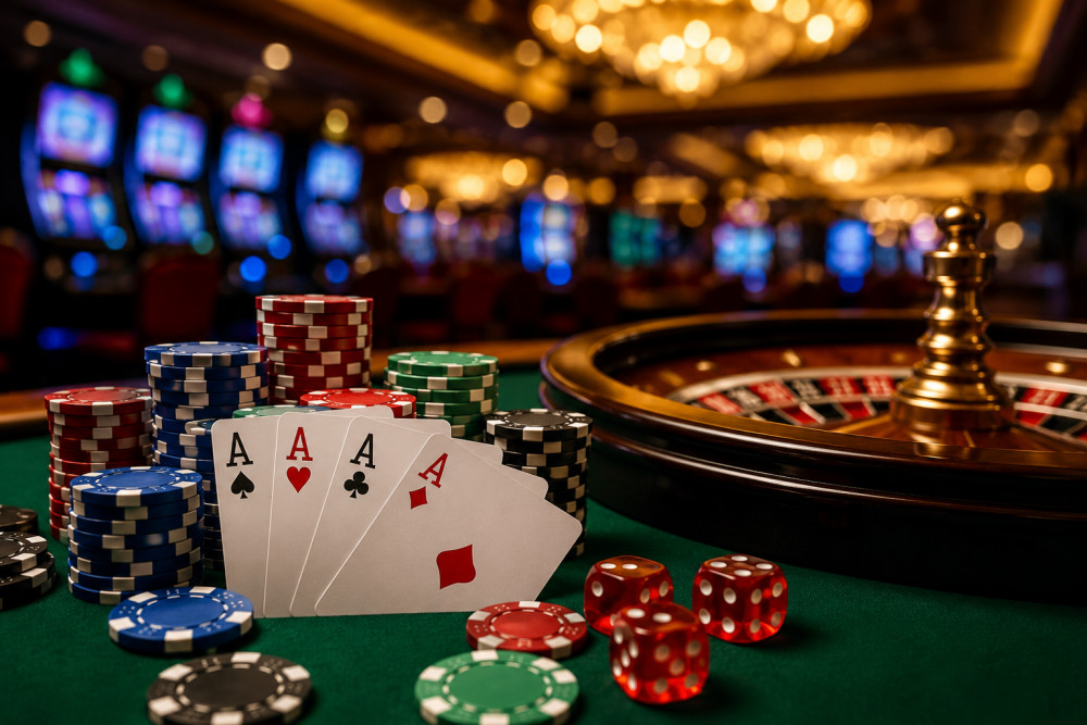 Close-up of poker cards and casino chips on a table with a roulette wheel in the background