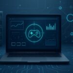 Laptop displaying gaming analytics interface in a tech environment