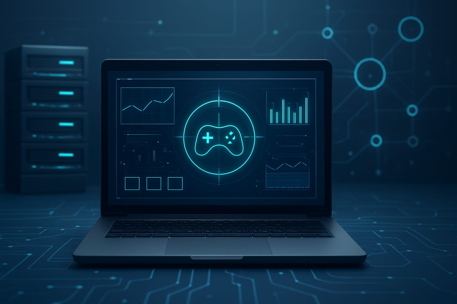 Laptop displaying gaming analytics interface in a tech environment