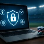 A laptop displaying security icons next to a stack of casino chips, set in a blurred stadium background.