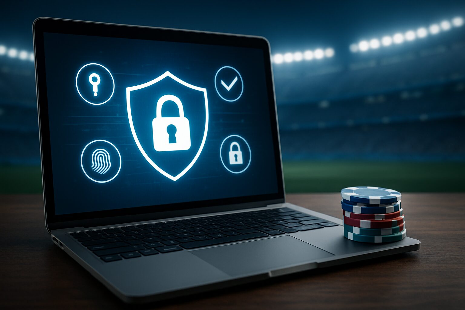 A laptop displaying security icons next to a stack of casino chips, set in a blurred stadium background.